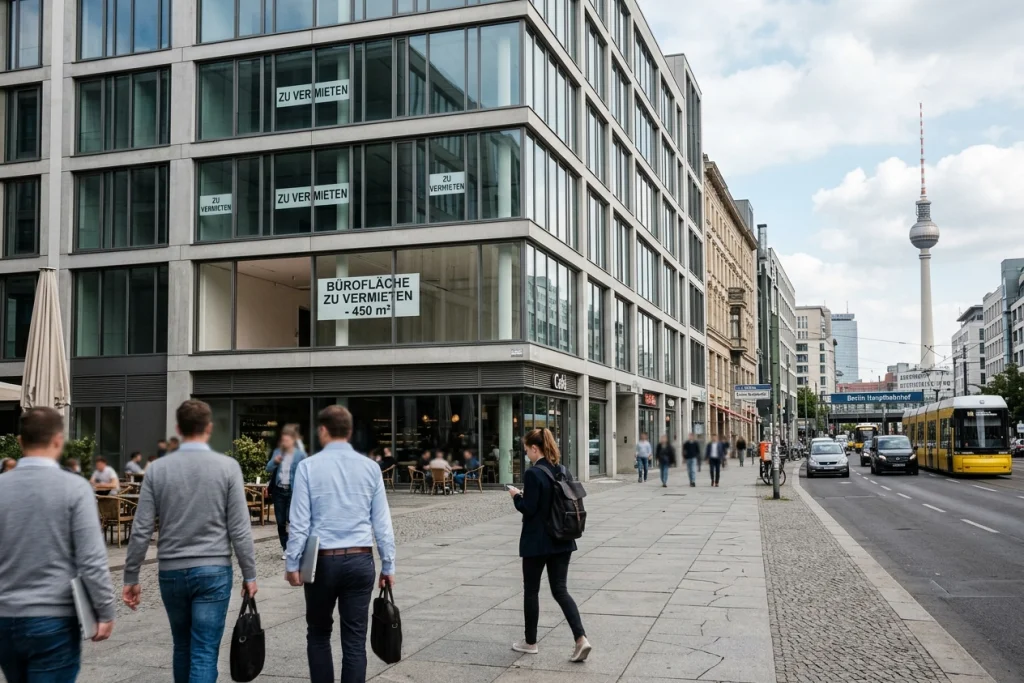 büroleerstand berlin mitte – Blick auf moderne Bürokomplexe in Berlin Mitte mit Hinweisschildern für Gewerbevermietung