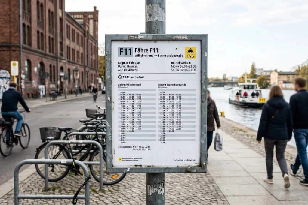 bvg fähre f11 fahrplan – Anleger der Fähre F11 am Wilhelmstrand mit wartenden Fahrgästen und Fahrrädern