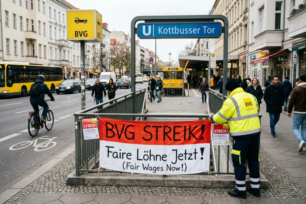 BVG Tarifstreit Berlin – Verdi Streik Berlin – Leere Anzeigetafel auf einem Berliner U-Bahnhof während der Tarifverhandlungen 2026