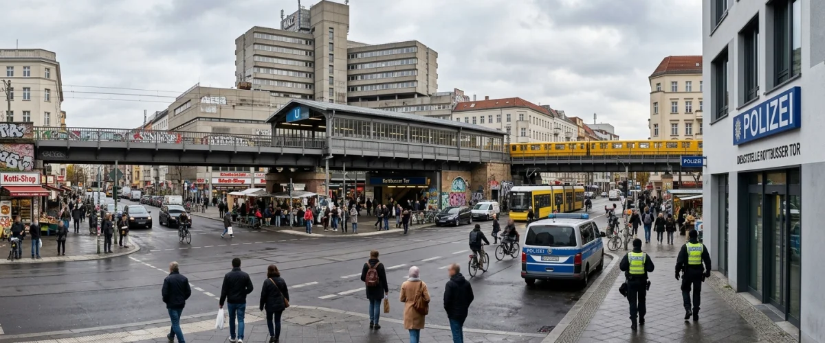 Kottbusser Tor Sicherheit 2026 – Polizeistreife am U-Bahnhof in Berlin-Kreuzberg