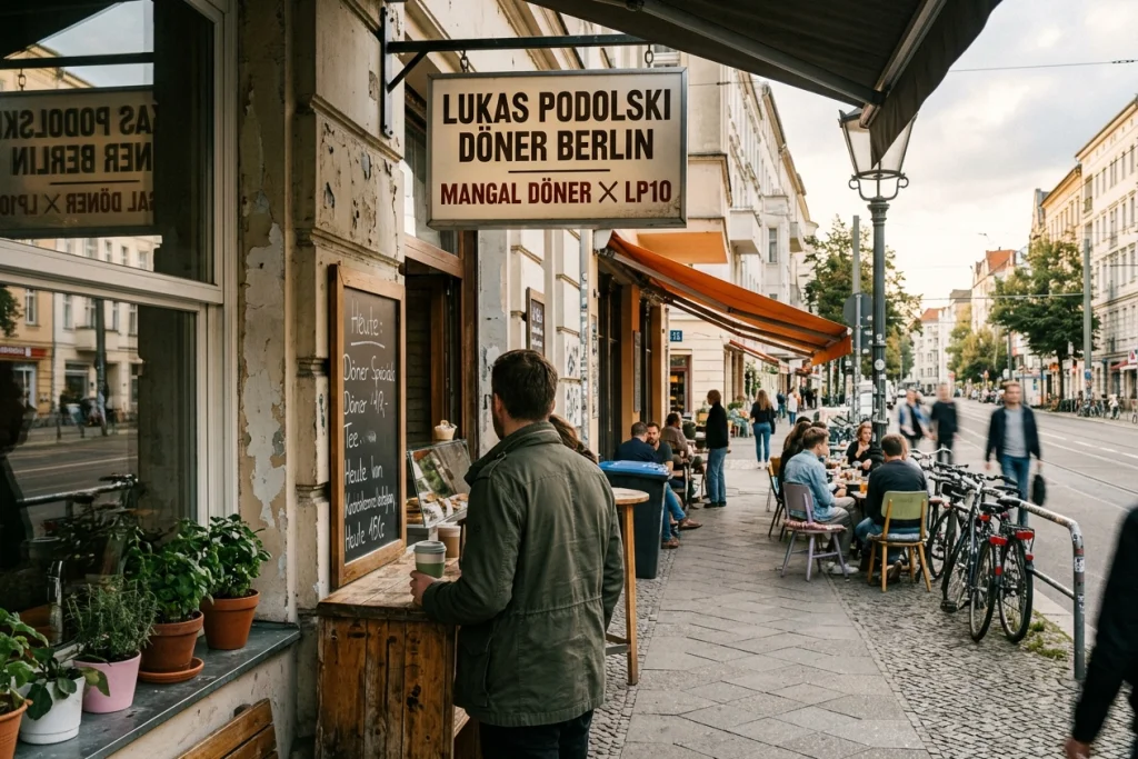 Lukas Podolski Döner Berlin – Das Logo von Mangal Döner x Lukas Podolski an einer Filialfassade in der Hauptstadt