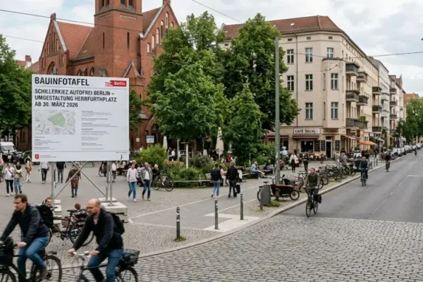 Schillerkiez Autofrei Berlin – Blick auf die Schillerpromenade und den Herrfurthplatz in Neukölln vor dem Umbau