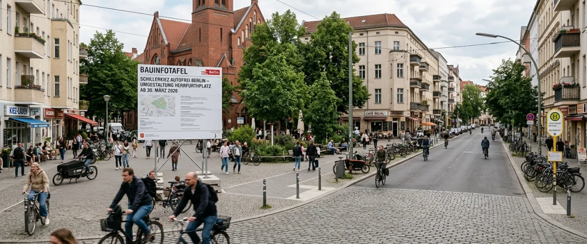 Schillerkiez Autofrei Berlin – Blick auf die Schillerpromenade und den Herrfurthplatz in Neukölln vor dem Umbau