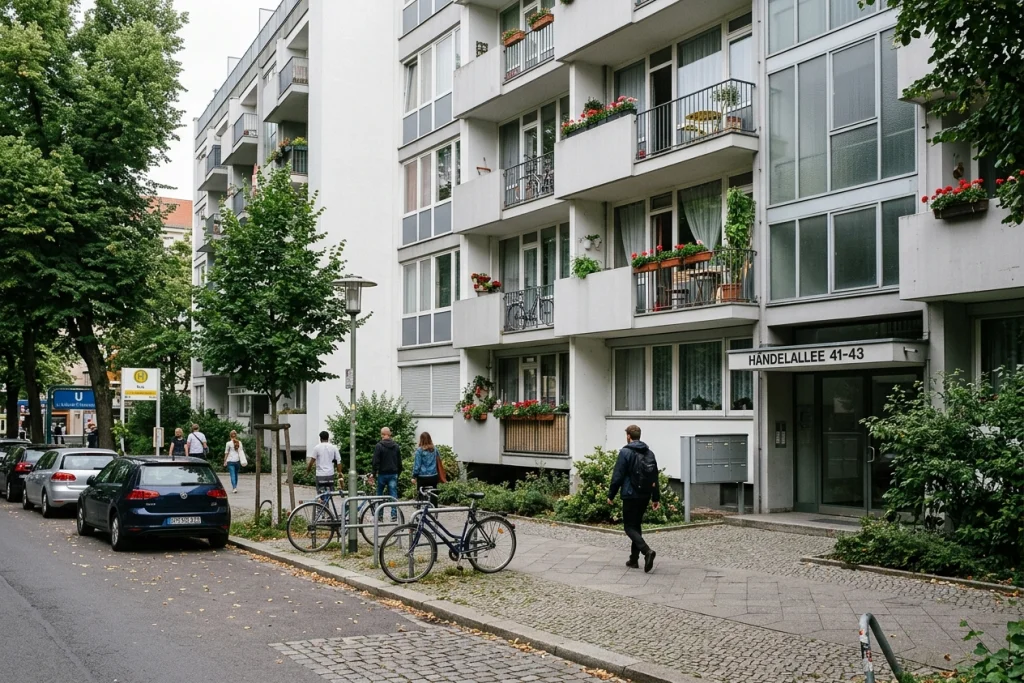 Wohnen Hansaviertel Berlin: Alltag im 50er-Jahre-Denkmal wohnen Hansaviertel Berlin – Architektur im Hansaviertel – Detailaufnahme einer Fassade am Hansaplatz in Berlin