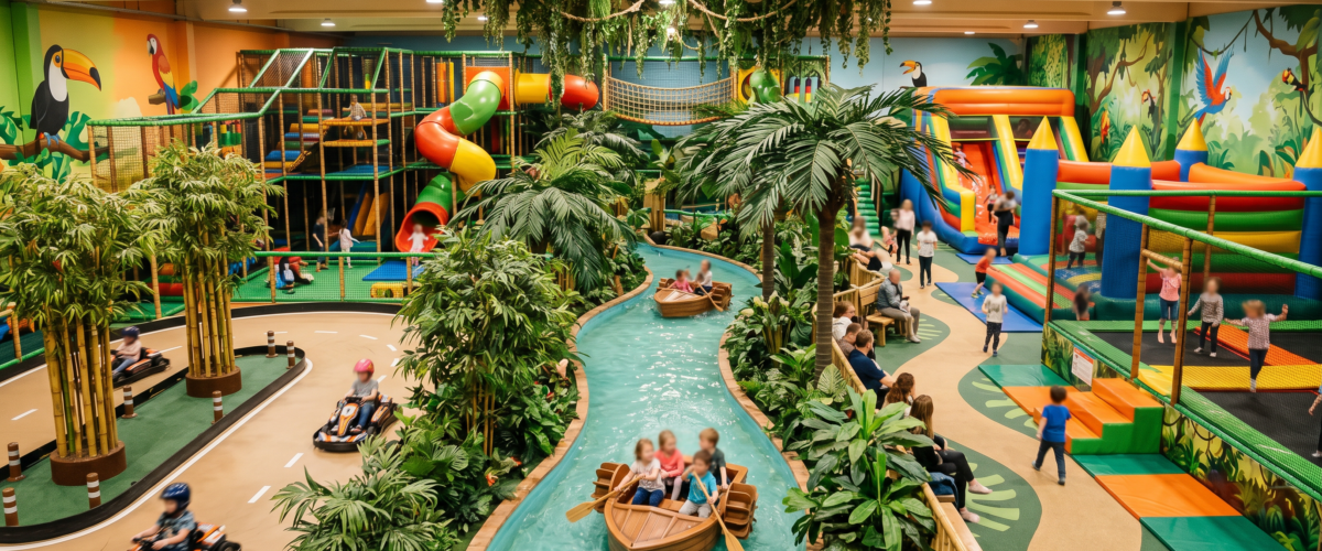 Tropisch gestalteter Indoor-Spielplatz mit Bambus, Palmen und Wasserlauf im Bambooland Berlin-Spandau