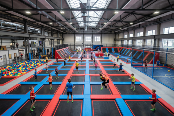 Blick in den grossen Trampolinpark UMP House Berlin in Reinickendorf mit vernetzten Sprungtrampolinen, Freestyle-Bereich, Dodgeball-Court und Schaumstoffgrube