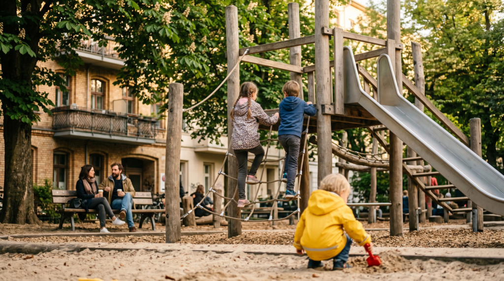 Spielpl&auml;tze Berlin &ndash; Kinder spielen auf Holzkletterger&uuml;st in Berliner Kiez, 
Abendsonne im Fr&uuml;hling, Eltern auf Bank im Hintergrund