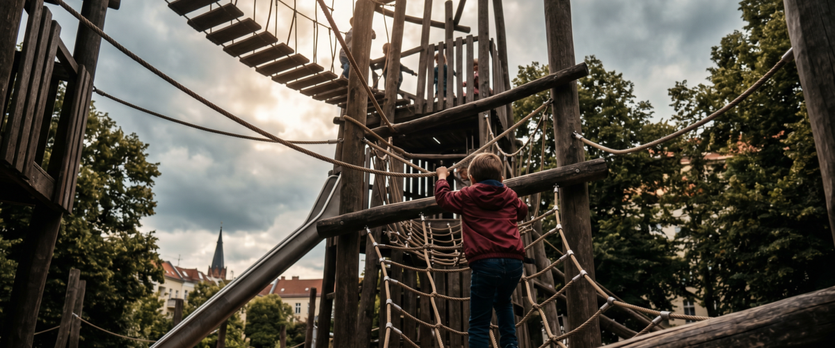 Spielplätze Berlin Abenteuerspielplatz Berlin – Kind klettert an Seilnetz auf großem Holzklettergerüst, Berliner Kiez-Kulisse im Hintergrund