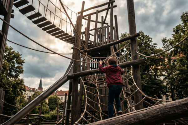 Spielplätze Berlin Abenteuerspielplatz Berlin – Kind klettert an Seilnetz auf großem Holzklettergerüst, Berliner Kiez-Kulisse im Hintergrund