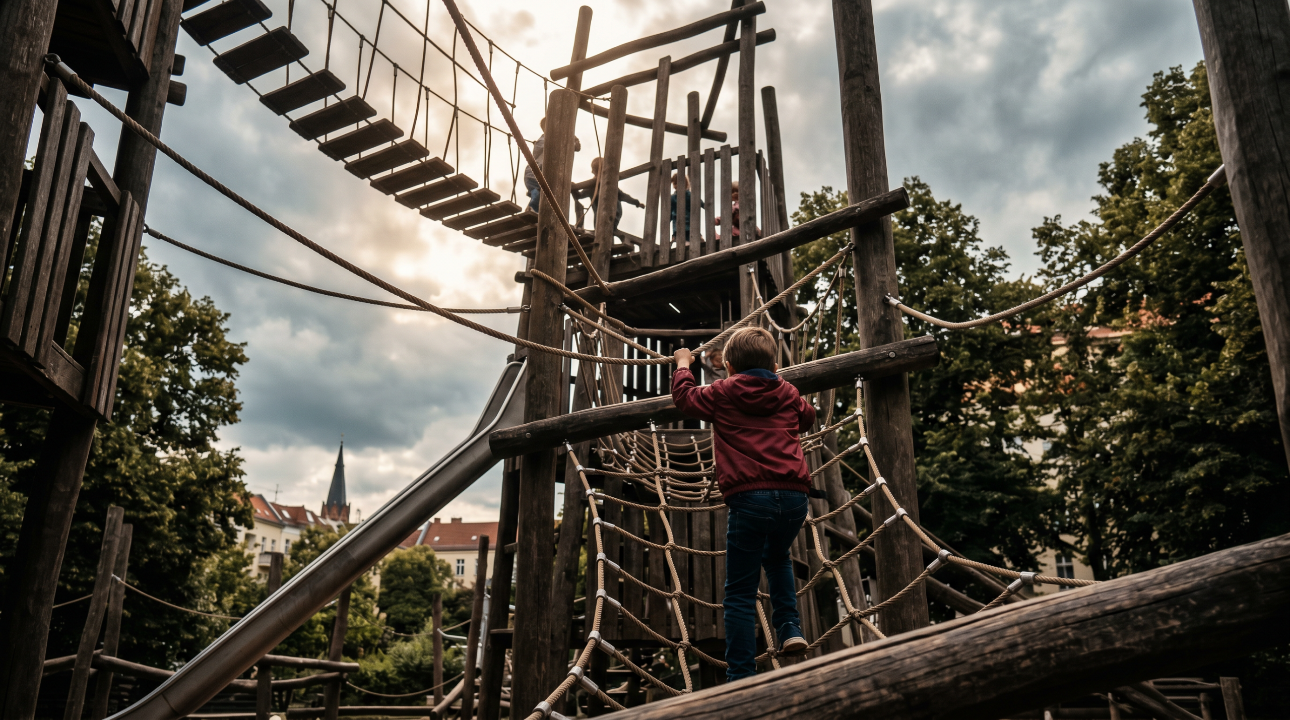 Spielplätze Berlin Abenteuerspielplatz Berlin – Kind klettert an Seilnetz auf großem Holzklettergerüst, Berliner Kiez-Kulisse im Hintergrund