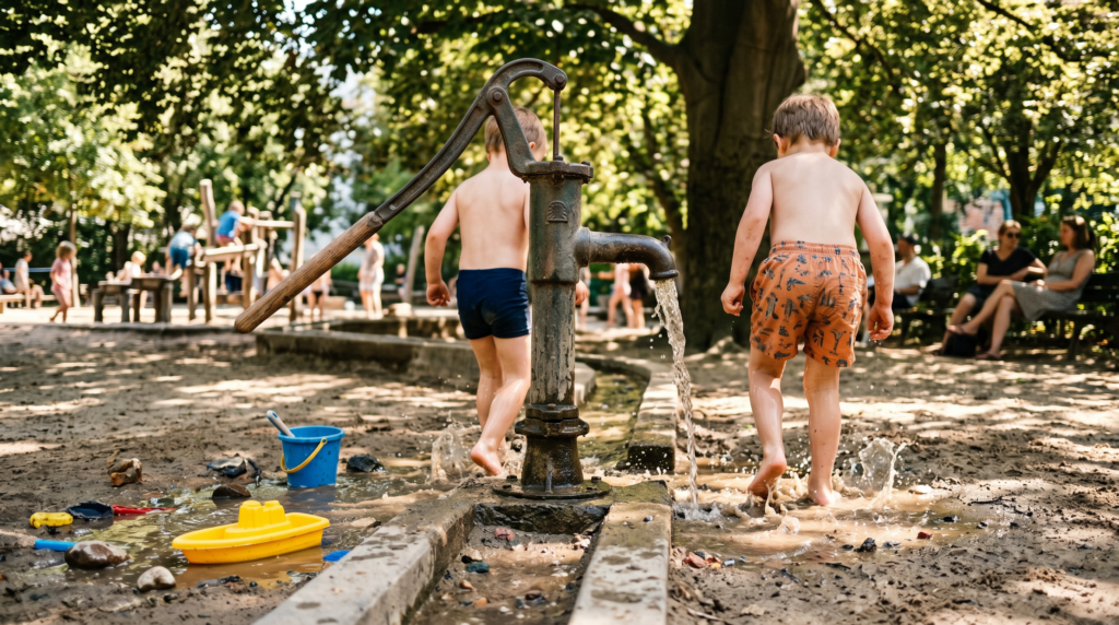 Wasserspielplatz Berlin – Kinder spielen an alter Handpumpe mit Matschrinne, 
Sommertag unter schattigen Bäumen