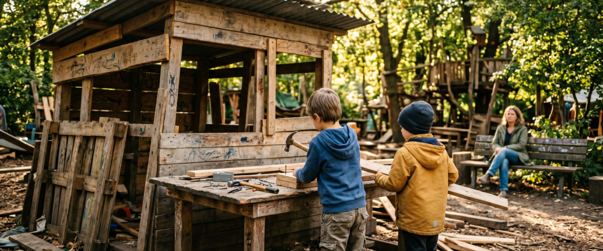 Kinder bauen Holzhütte mit Werkzeug – Abenteuerspielplatz Berlin Guide
