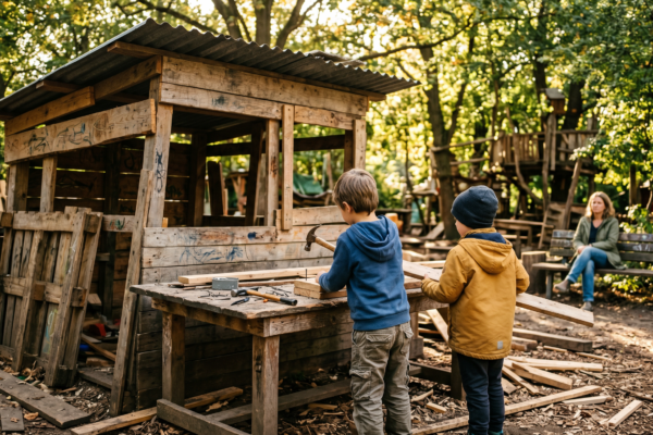 Kinder bauen Holzhütte mit Werkzeug – Abenteuerspielplatz Berlin Guide
