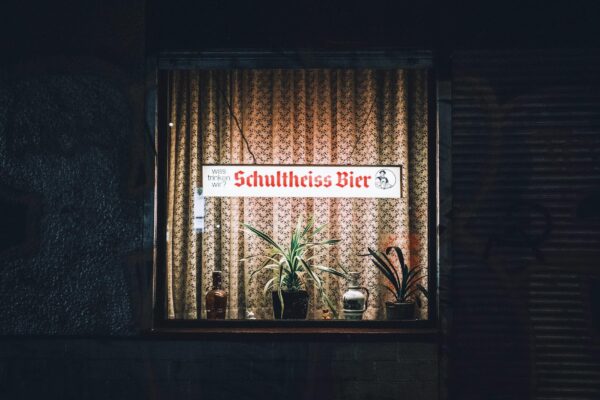 Cozy Berlin pub window display with illuminated sign and plants at night.