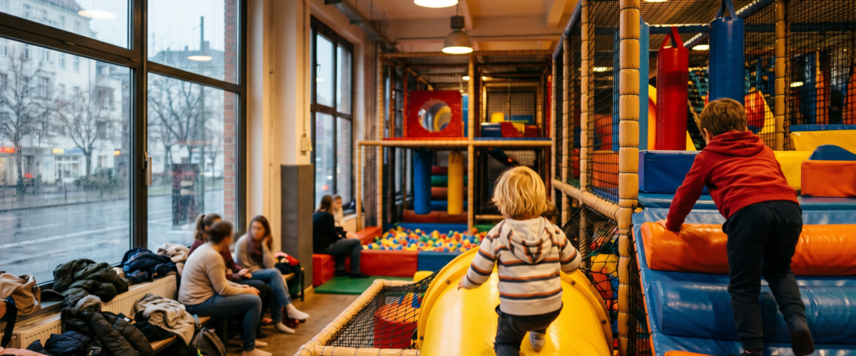 Kinder spielen auf Softmountain mit Rutschen – Indoor-Spielplatz Berlin Guide