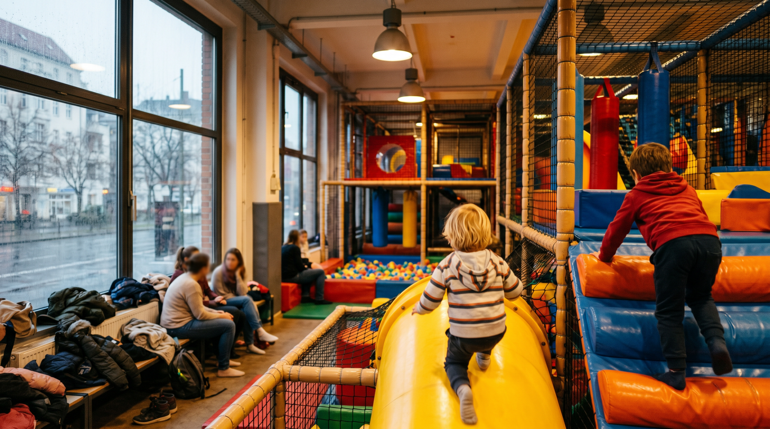 Kinder spielen auf Softmountain mit Rutschen – Indoor-Spielplatz Berlin Guide