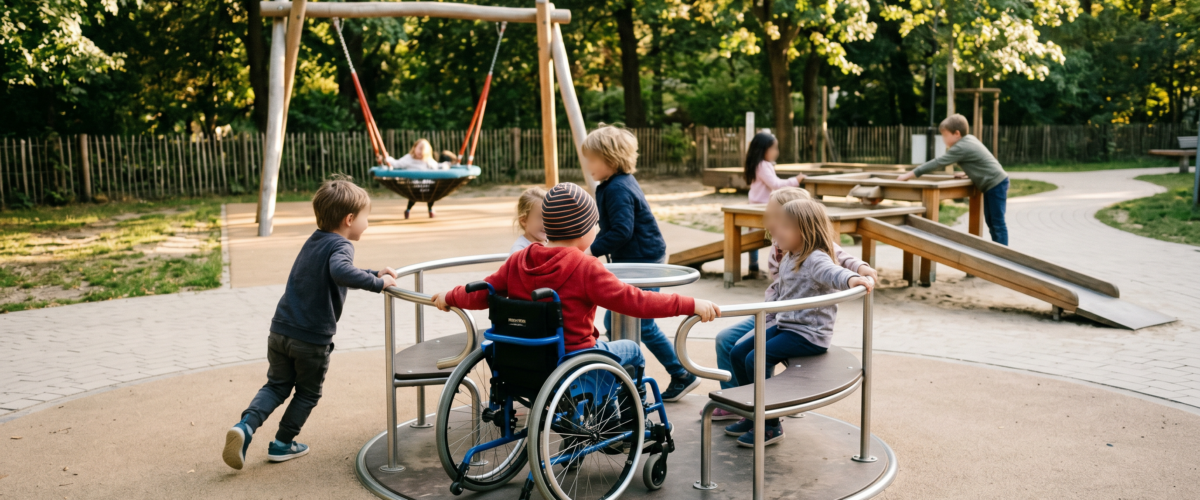 Rollstuhlgerechtes Drehkarussell und Nestschaukel – Inklusiver Spielplatz Berlin