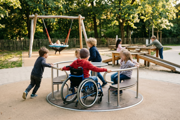 Rollstuhlgerechtes Drehkarussell und Nestschaukel – Inklusiver Spielplatz Berlin