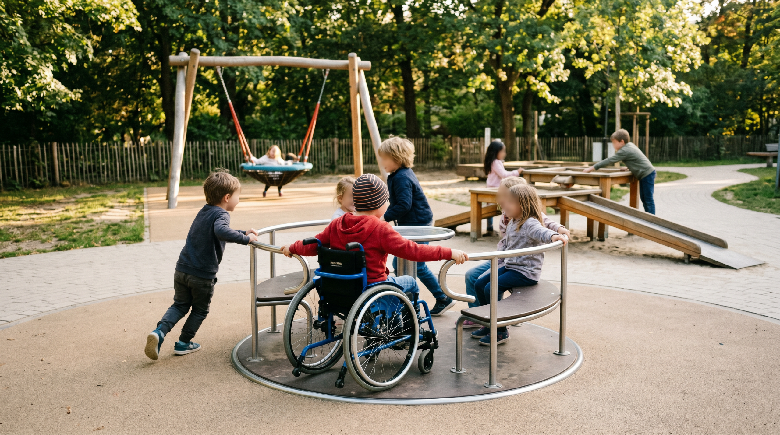 Rollstuhlgerechtes Drehkarussell und Nestschaukel – Inklusiver Spielplatz Berlin
