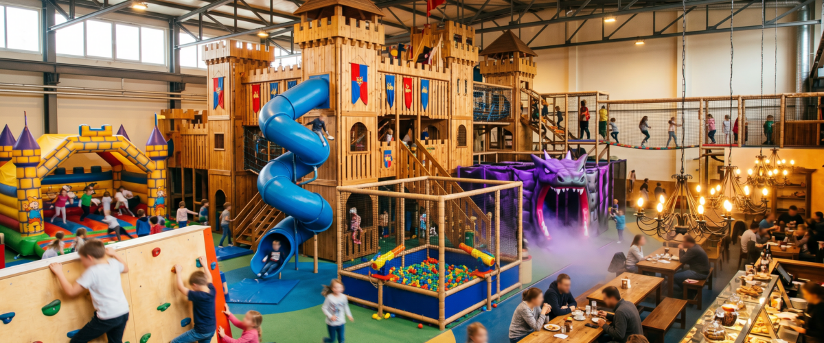 Kinder klettern auf einem mittelalterlichen Holz-Burgturm mit Ritterfahnen im Ritterland Indoor-Spielplatz in Berlin-Tempelhof, im Hintergrund Hüpfburg und Café-Bereich