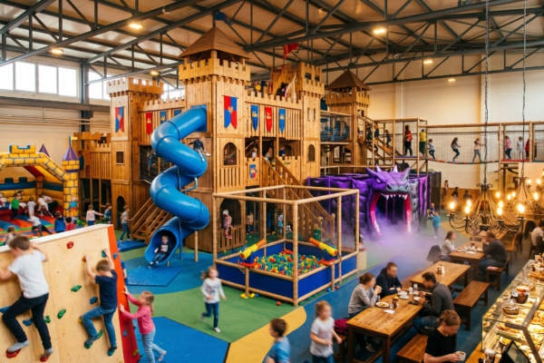 Kinder klettern auf einem mittelalterlichen Holz-Burgturm mit Ritterfahnen im Ritterland Indoor-Spielplatz in Berlin-Tempelhof, im Hintergrund Hüpfburg und Café-Bereich