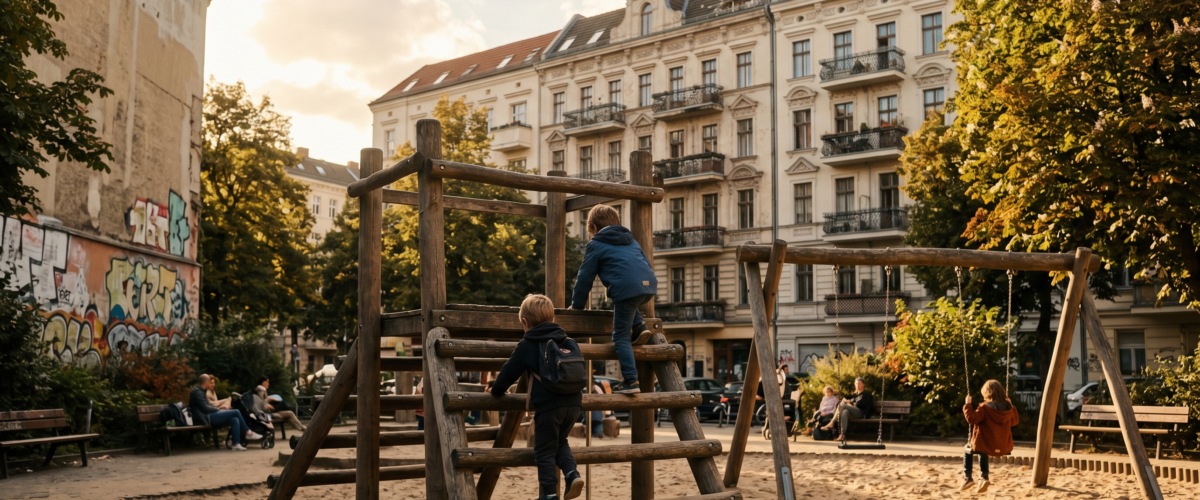 Kinder klettern auf Holzgerüst vor Kreuzberger Altbau-Fassade – Spielplätze Kreuzberg