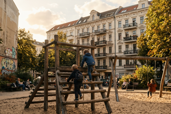 Kinder klettern auf Holzgerüst vor Kreuzberger Altbau-Fassade – Spielplätze Kreuzberg