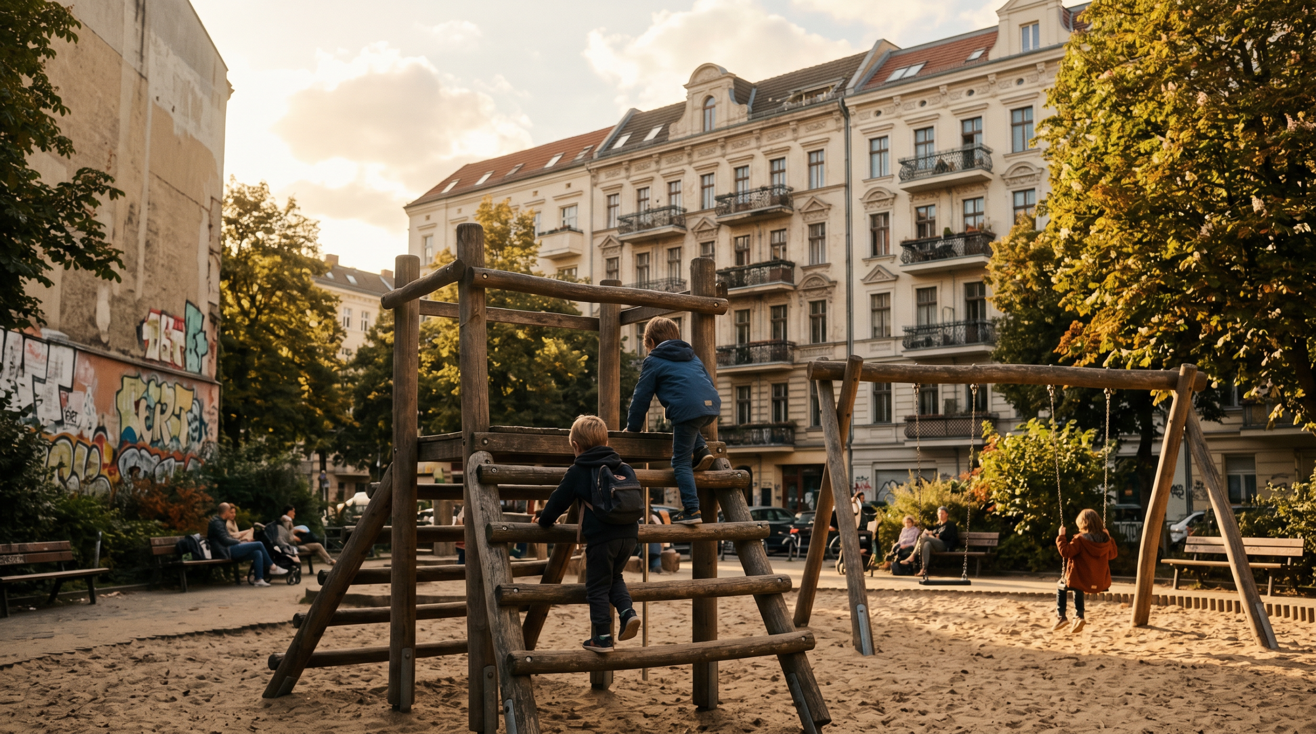 Kinder klettern auf Holzgerüst vor Kreuzberger Altbau-Fassade – Spielplätze Kreuzberg