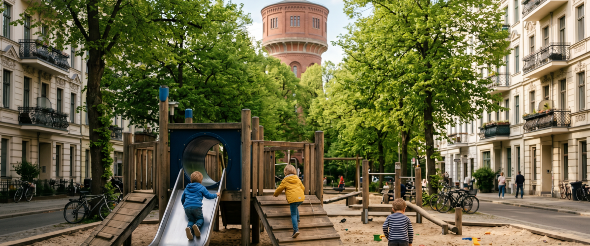Kinder klettern auf Holzgerüst vor Wasserturm – Spielplätze Prenzlauer Berg Guide