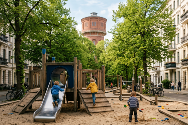 Kinder klettern auf Holzgerüst vor Wasserturm – Spielplätze Prenzlauer Berg Guide