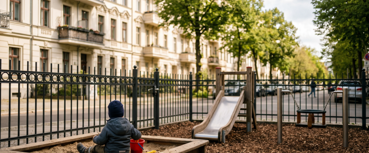 Kleinkind spielt im eingezäunten Sandkasten – Spielplatz Kleinkind Berlin Guide