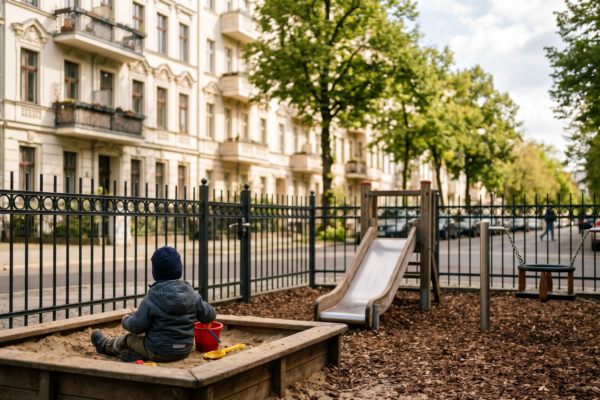 Kleinkind spielt im eingezäunten Sandkasten – Spielplatz Kleinkind Berlin Guide