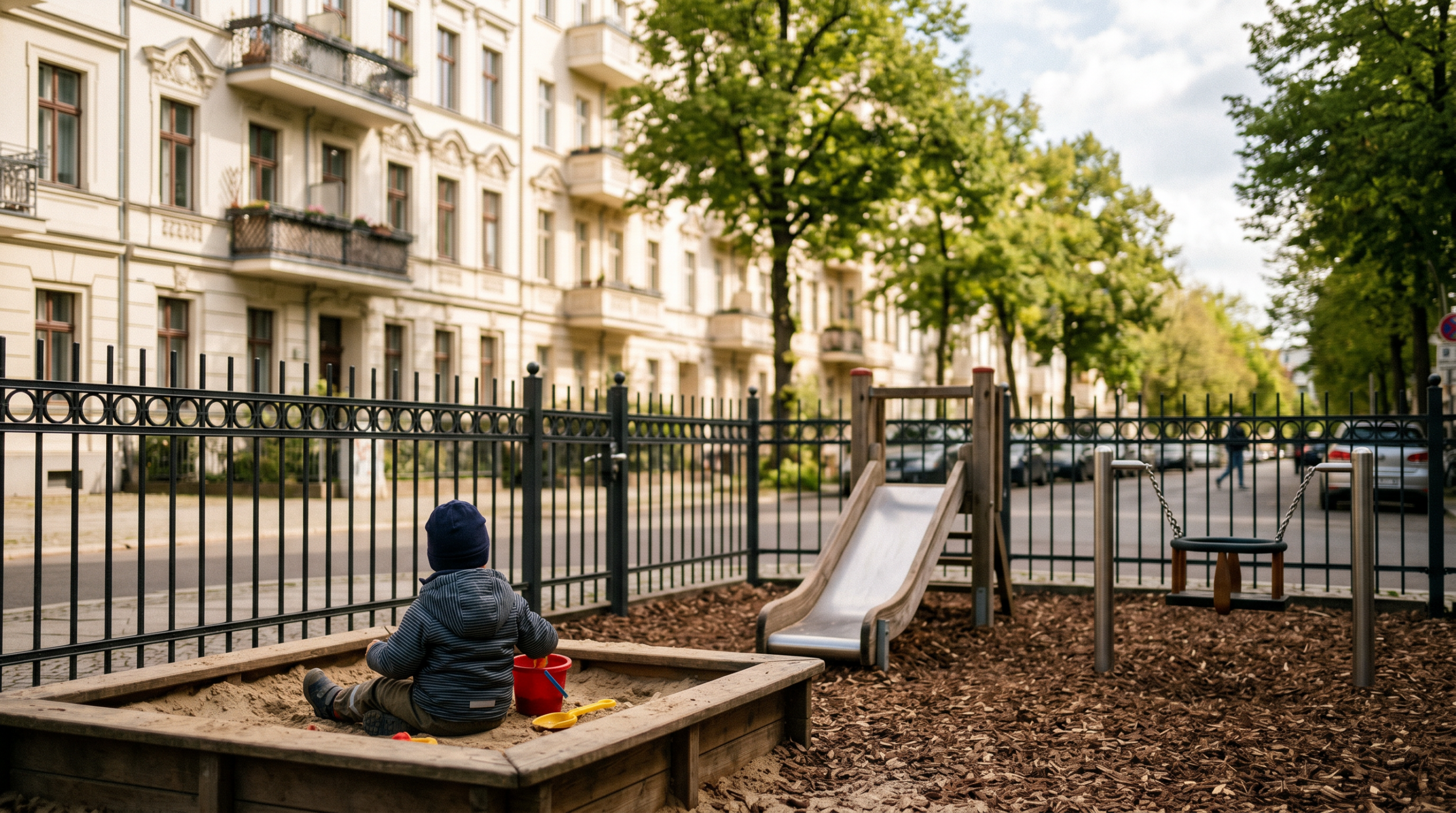Kleinkind spielt im eingezäunten Sandkasten – Spielplatz Kleinkind Berlin Guide