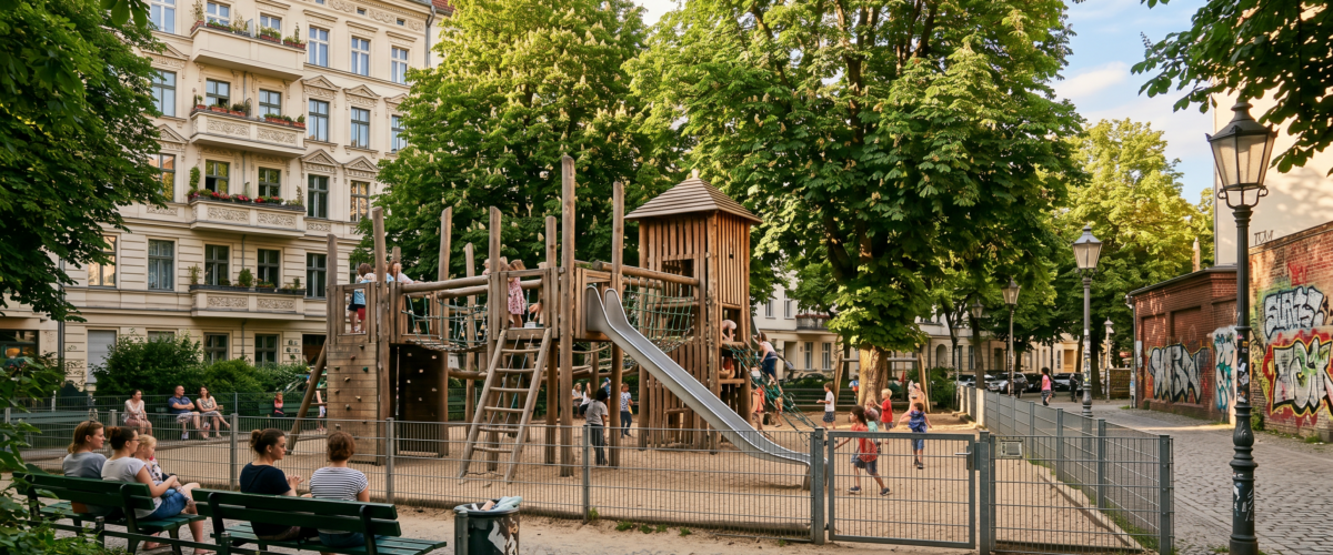 Eingezäunter Spielplatz am Lausitzer Platz in Berlin-Kreuzberg SO36 mit grossem Holz-Kletterturm, Sandfläche und alten Bäumen im Kiez