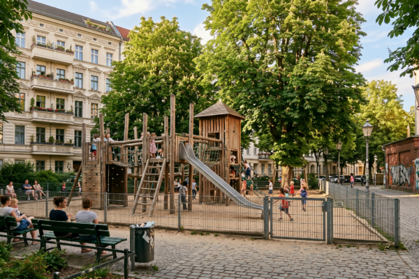 Eingezäunter Spielplatz am Lausitzer Platz in Berlin-Kreuzberg SO36 mit grossem Holz-Kletterturm, Sandfläche und alten Bäumen im Kiez