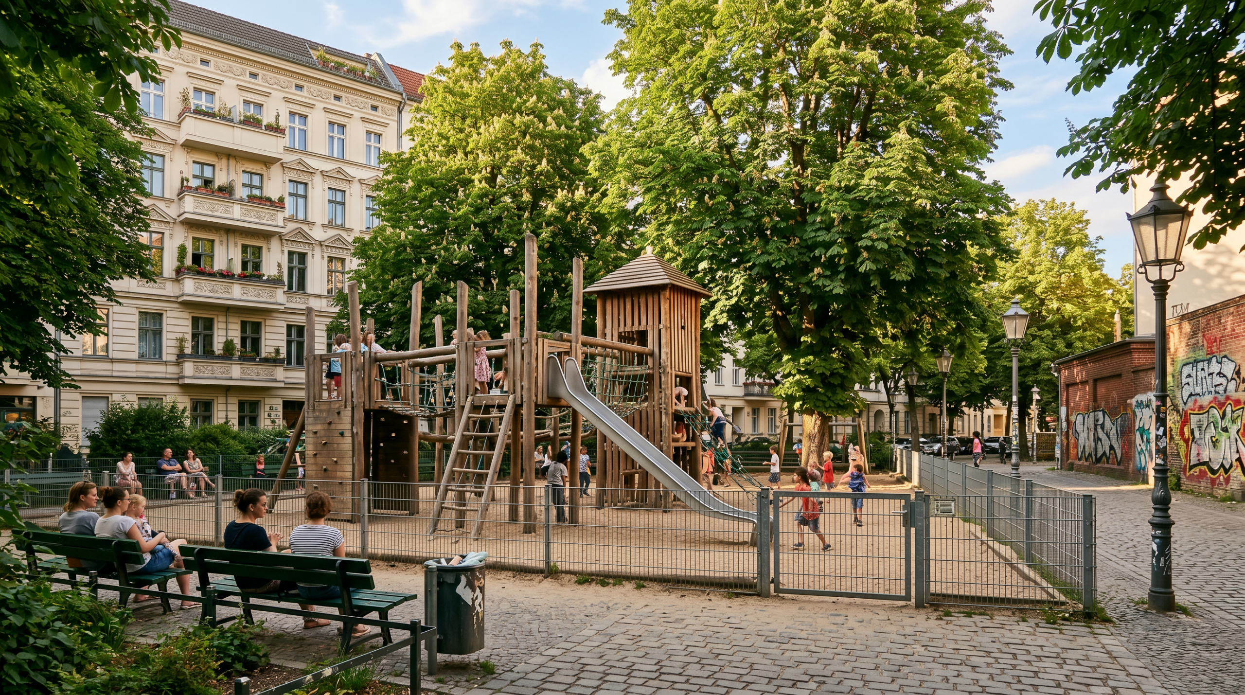 Eingezäunter Spielplatz am Lausitzer Platz in Berlin-Kreuzberg SO36 mit grossem Holz-Kletterturm, Sandfläche und alten Bäumen im Kiez