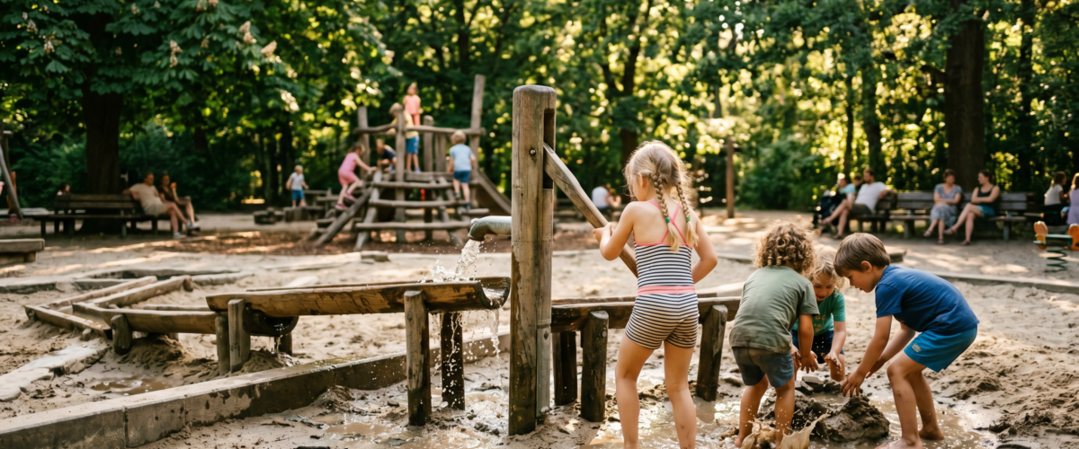 Kinder an Wasserpumpe mit Matschrinnen – Wasserspielplätze Berlin Guide