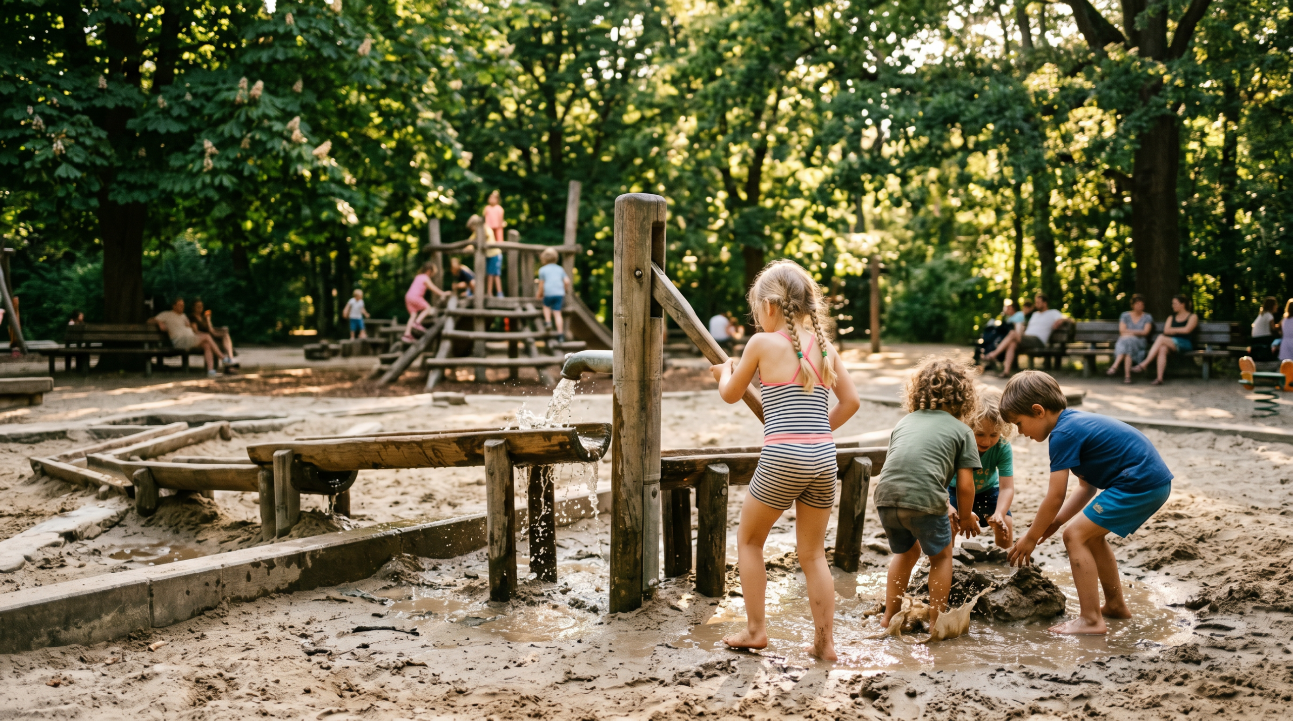Kinder an Wasserpumpe mit Matschrinnen – Wasserspielplätze Berlin Guide