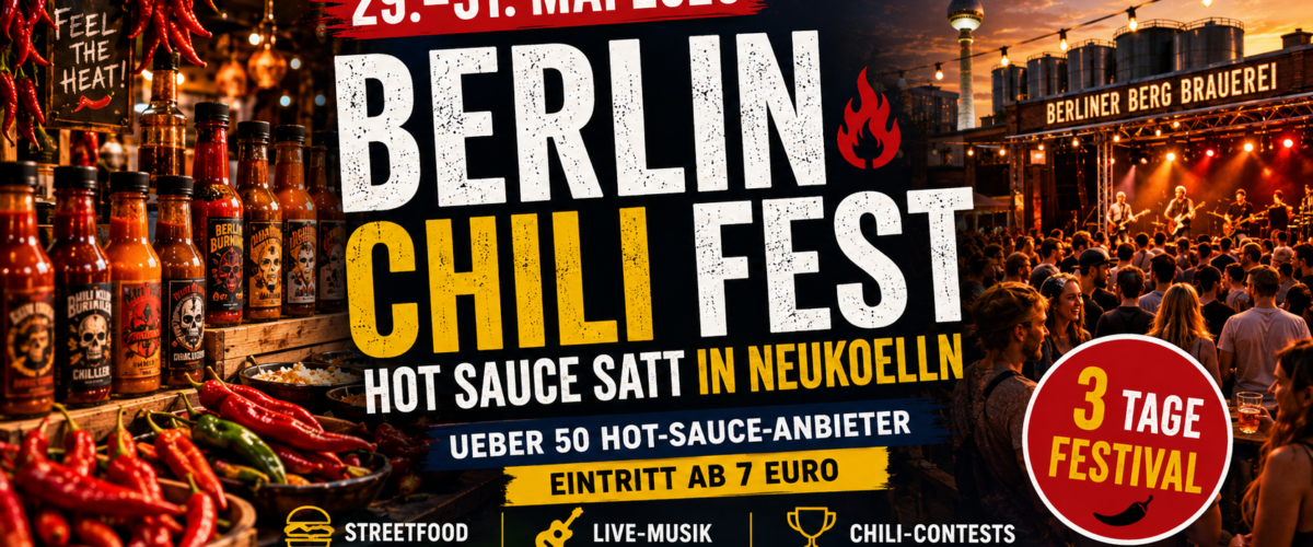 Hot-Sauce-Stand mit Chilischoten beim Berlin Chili Fest 2026 in der Berliner Berg Brauerei Neukölln