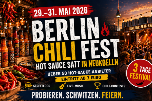 Hot-Sauce-Stand mit Chilischoten beim Berlin Chili Fest 2026 in der Berliner Berg Brauerei Neukölln