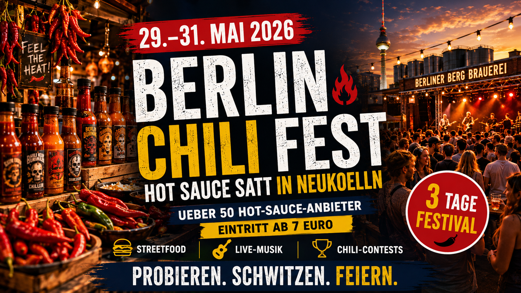 Hot-Sauce-Stand mit Chilischoten beim Berlin Chili Fest 2026 in der Berliner Berg Brauerei Neukölln