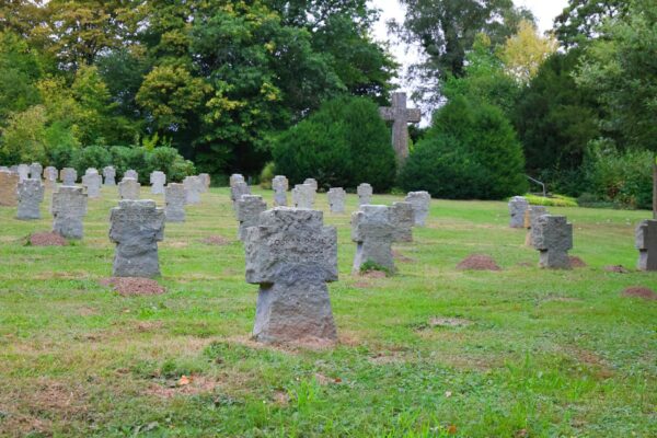Eine von herbstlichen Bäumen gesäumte Allee auf einem Friedhof in Spandau, die an alten Grabsteinen vorbeiführt.