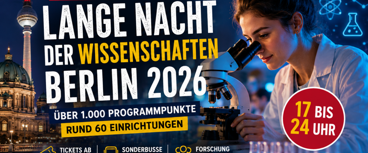 Forscherin am Mikroskop vor nächtlicher Berliner Skyline zur Langen Nacht der Wissenschaften Berlin 2026