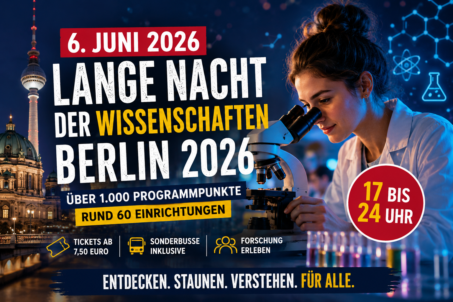 Forscherin am Mikroskop vor nächtlicher Berliner Skyline zur Langen Nacht der Wissenschaften Berlin 2026