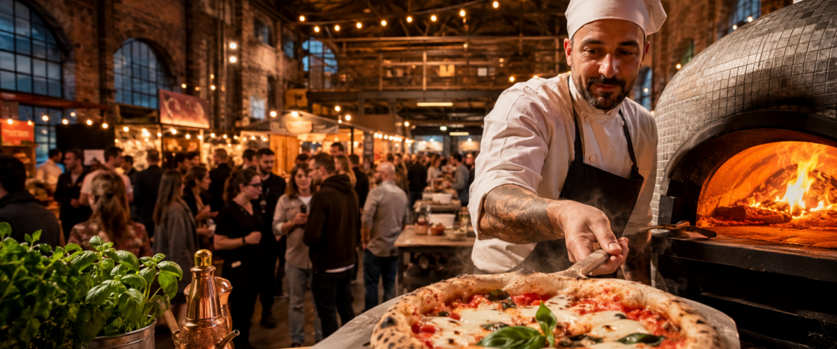 Pizzaiolo backt neapolitanische Pizza beim Pizza Village Berlin 2026 im Napoleon Komplex Friedrichshain