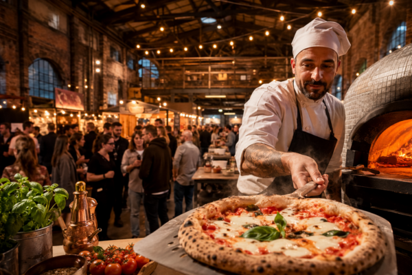 Pizzaiolo backt neapolitanische Pizza beim Pizza Village Berlin 2026 im Napoleon Komplex Friedrichshain
