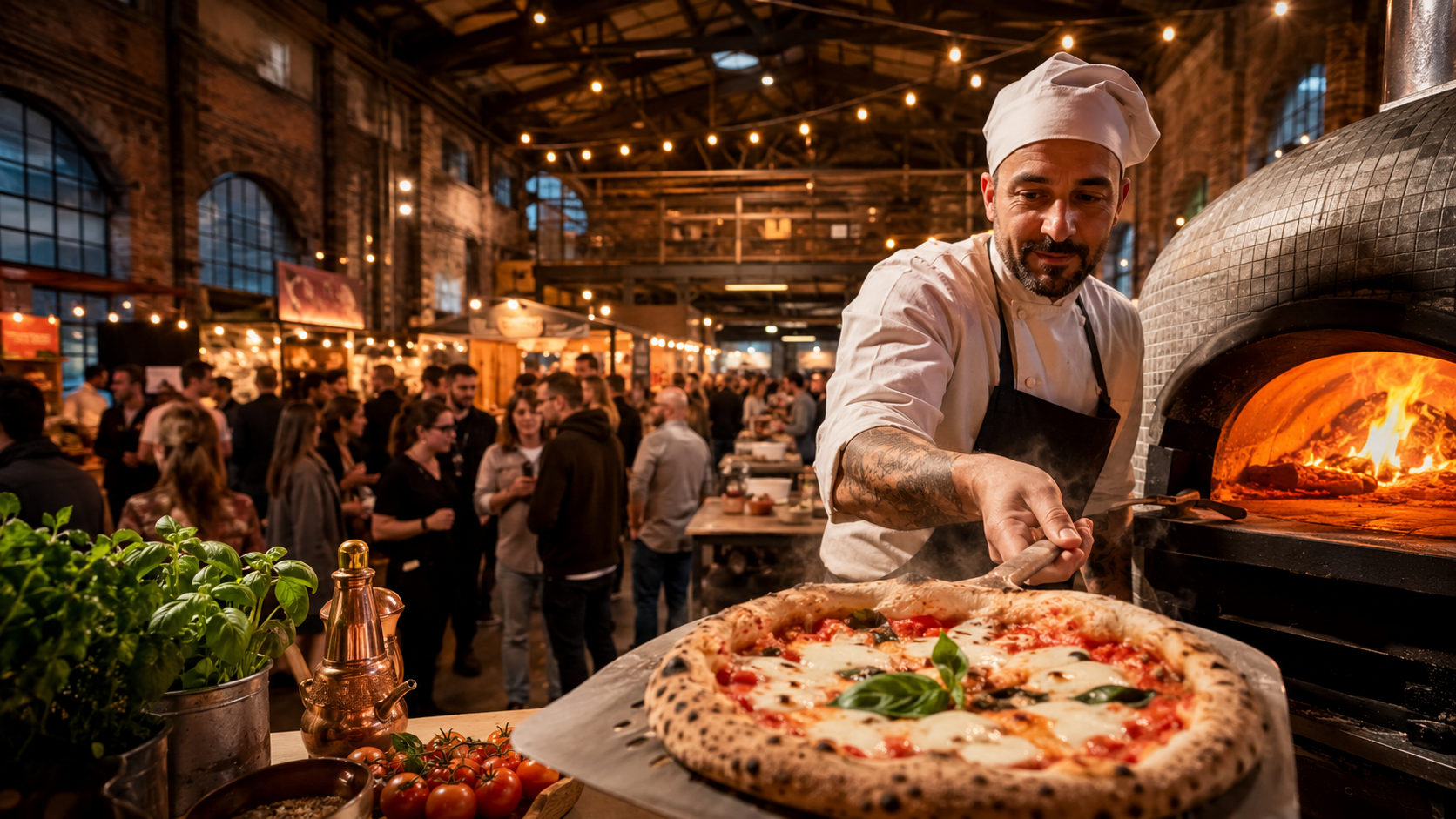 Pizzaiolo backt neapolitanische Pizza beim Pizza Village Berlin 2026 im Napoleon Komplex Friedrichshain