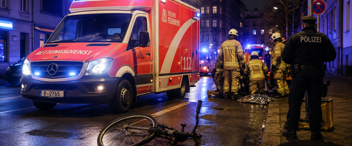 Rettungswagen mit Blaulicht nach Unfall mit Radfahrer in Berlin-Schmargendorf