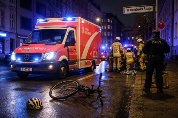 Rettungswagen mit Blaulicht nach Unfall mit Radfahrer in Berlin-Schmargendorf
