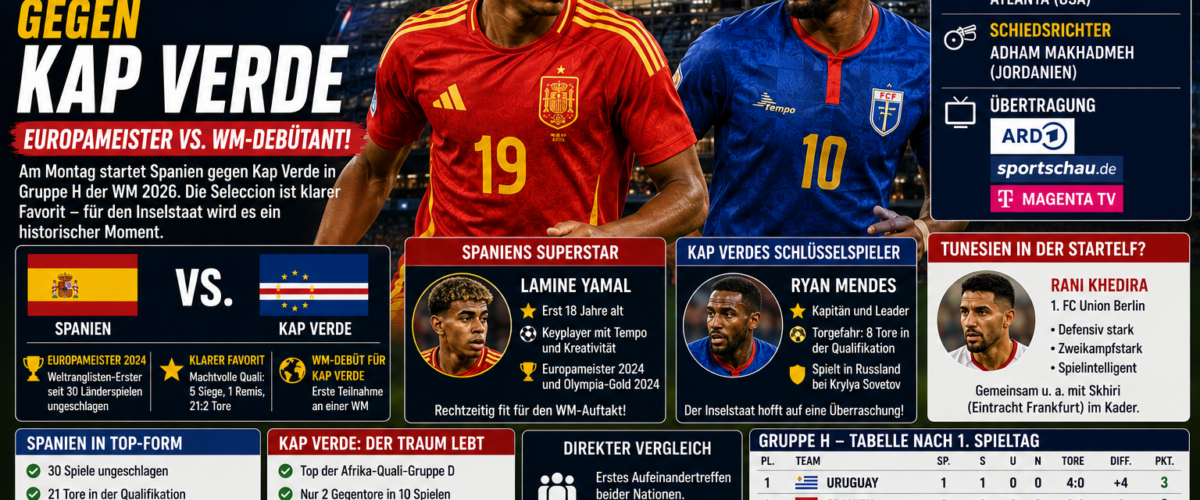 Spanien gegen Kap Verde WM 2026: Europameister Spanien trifft mit Lamine Yamal auf WM-Debütant Kap Verde
